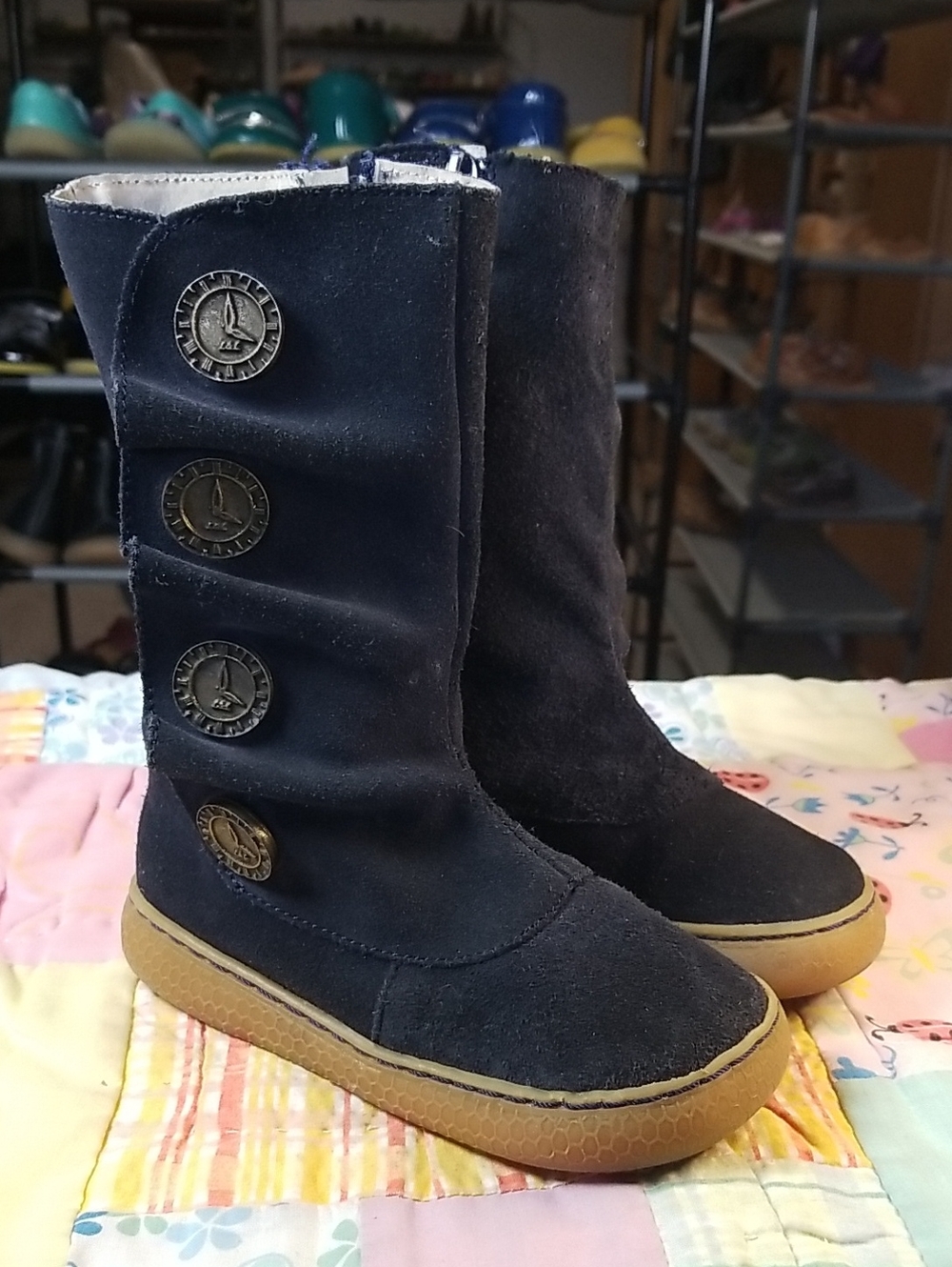 Livie & Luca Navy Blue Suede Metal Button-Detail Kids Boots Size 9 Marchita